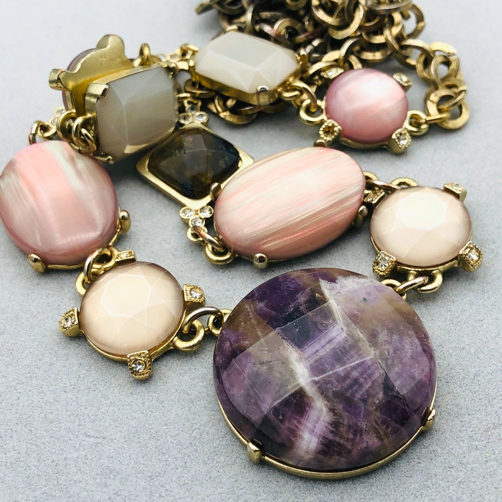 Amethyst Necklace Chunky Faceted Purple Stone Pink Chatoyant Resin Cabochons 30"